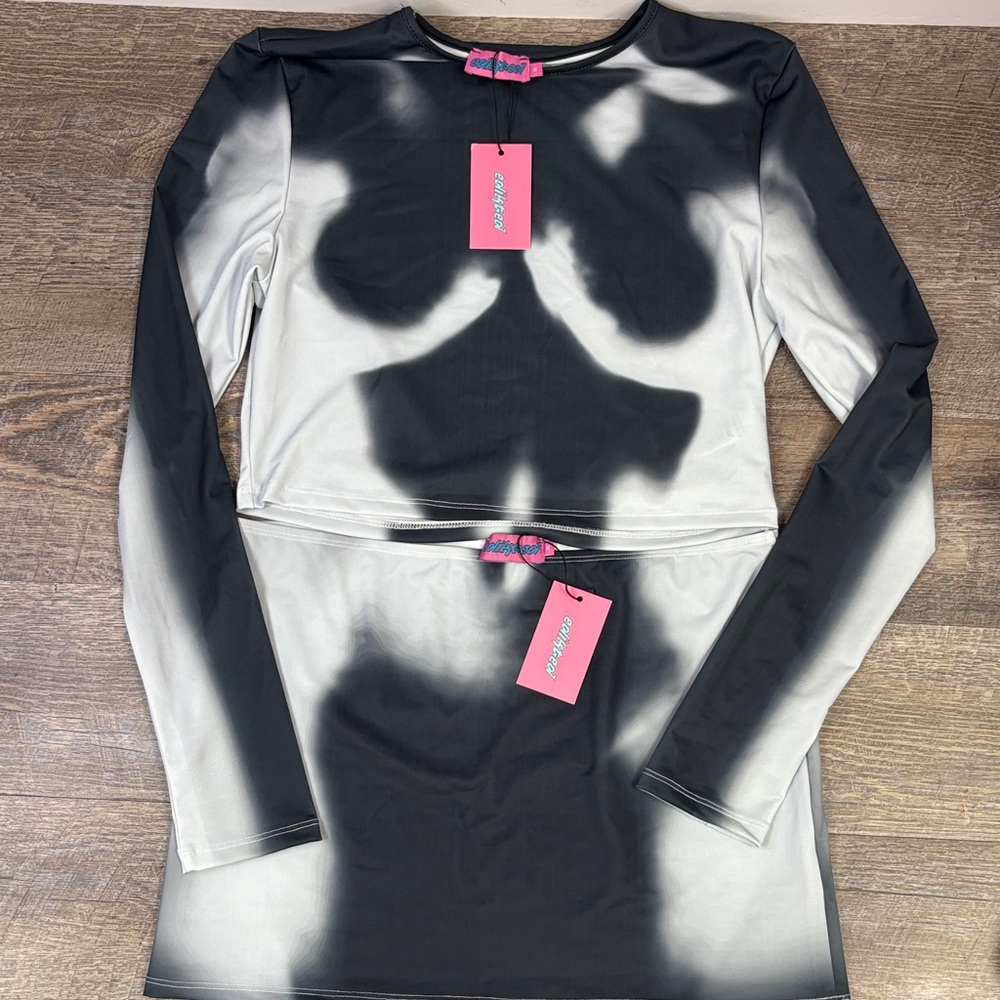 Edikted Smoke-Effect Mesh Two-Piece Set – Top + Mini Skirt – Size XL (NWT)
